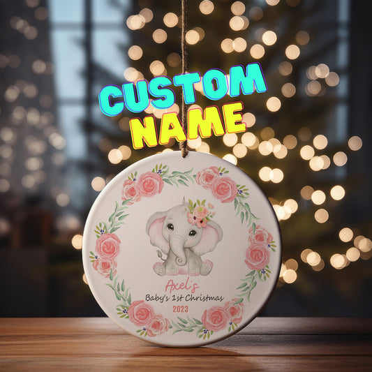 Custom 1st Christmas Ornament - Pink Elephant
